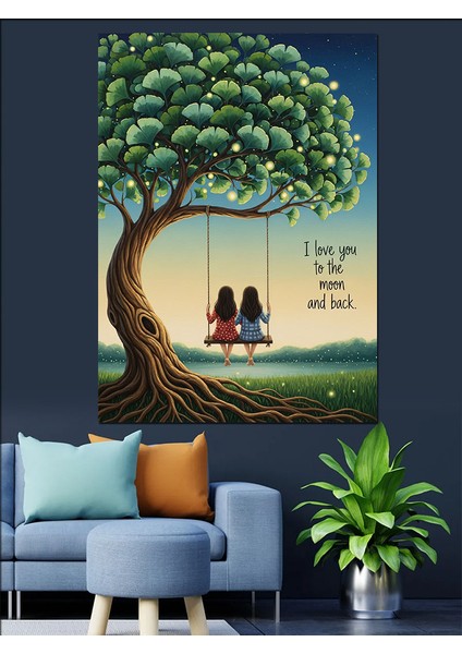 Ağaç Salıncakta Oturan Çift Dekoratif Kanvas - Mdf Ahşap Tablo