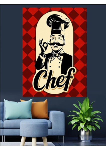 Kırmızı Şef Şapkalı Restoran Dekoratif Kanvas - Mdf Ahşap Tablo