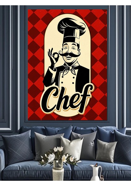 Kırmızı Şef Şapkalı Restoran Dekoratif Kanvas - Mdf Ahşap Tablo modelleri