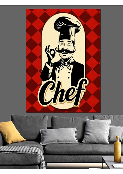 Kırmızı Şef Şapkalı Restoran Dekoratif Kanvas - Mdf Ahşap Tablo fırsatları