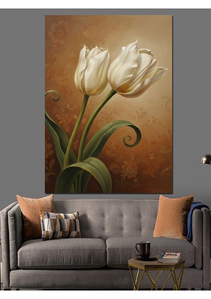 Iki Beyaz Lale Yağlıboya Dekoratif Kanvas - Mdf Ahşap Tablo