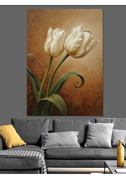 Iki Beyaz Lale Yağlıboya Dekoratif Kanvas - Mdf Ahşap Tablo fiyatları