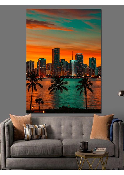 Palmiyeler Gün Batımı Şehir Dekoratif Kanvas - Mdf Ahşap Tablo