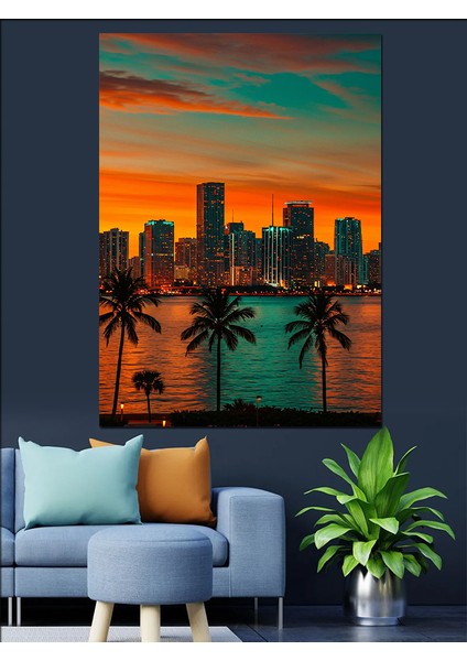 Palmiyeler Gün Batımı Şehir Dekoratif Kanvas - Mdf Ahşap Tablo fiyatları