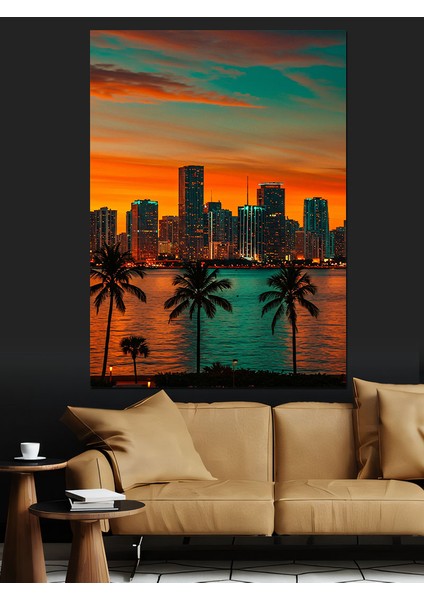 Palmiyeler Gün Batımı Şehir Dekoratif Kanvas - Mdf Ahşap Tablo modelleri