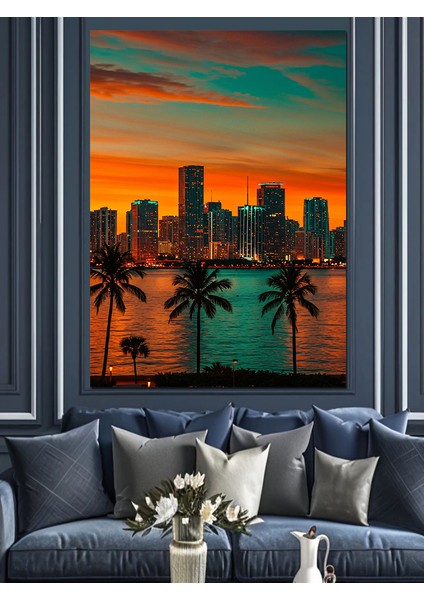Palmiyeler Gün Batımı Şehir Dekoratif Kanvas - Mdf Ahşap Tablo fırsatları