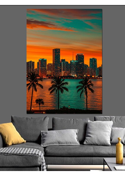 Palmiyeler Gün Batımı Şehir Dekoratif Kanvas - Mdf Ahşap Tablo indirimleri