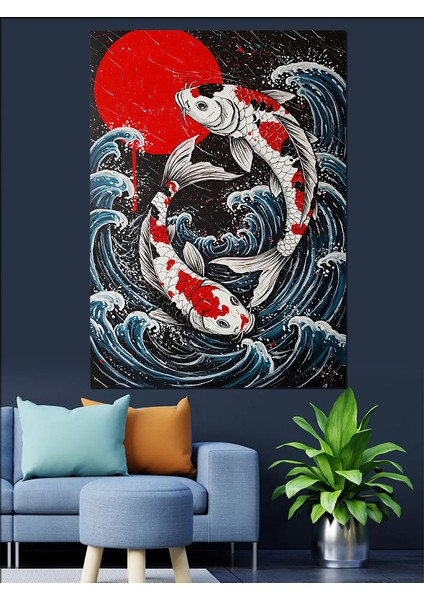 Koi Balığı Japon Çizimi Dekoratif Kanvas - Mdf Ahşap Tablo