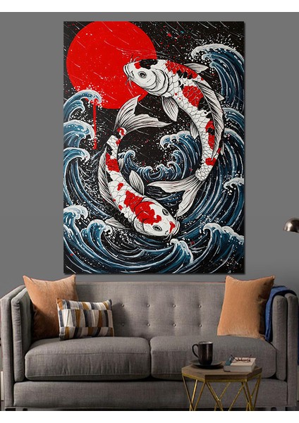 Koi Balığı Japon Çizimi Dekoratif Kanvas - Mdf Ahşap Tablo fiyatları