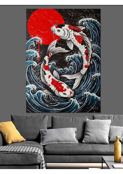 Koi Balığı Japon Çizimi Dekoratif Kanvas - Mdf Ahşap Tablo modelleri