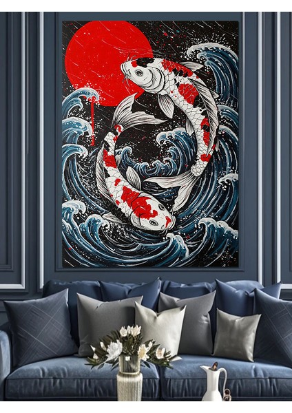 Koi Balığı Japon Çizimi Dekoratif Kanvas - Mdf Ahşap Tablo fırsatları