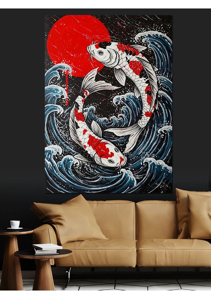 Koi Balığı Japon Çizimi Dekoratif Kanvas - Mdf Ahşap Tablo indirimleri