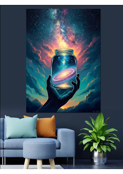 Cam Fanus Içinde Galaksi Işık Dekoratif Kanvas - Mdf Ahşap Tablo
