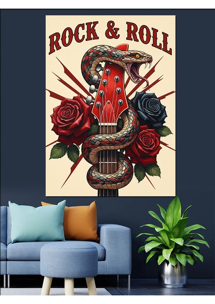 Rock Roll Gül Kafatası Dekoratif Kanvas - Mdf Ahşap Tablo