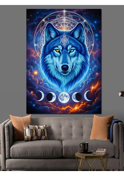 Mavi Kutsal Kurt Portresi Dekoratif Kanvas - Mdf Ahşap Tablo