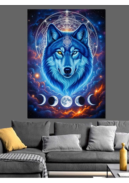 Mavi Kutsal Kurt Portresi Dekoratif Kanvas - Mdf Ahşap Tablo fiyatları