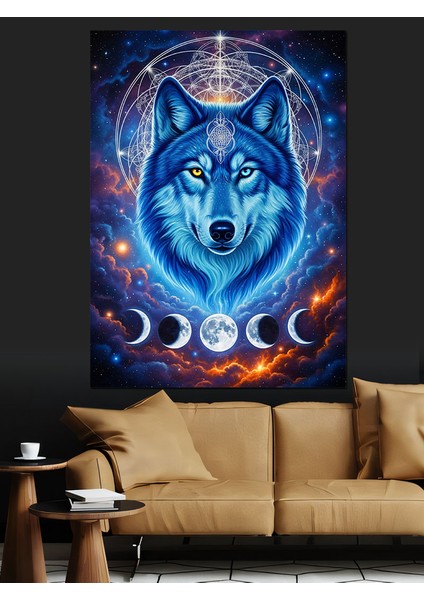 Mavi Kutsal Kurt Portresi Dekoratif Kanvas - Mdf Ahşap Tablo fırsatları