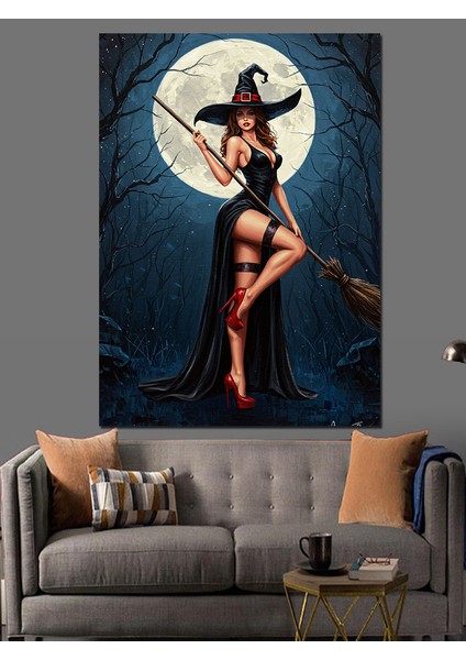 Dolunay Altında Cadı Kadın Dekoratif Kanvas - Mdf Ahşap Tablo