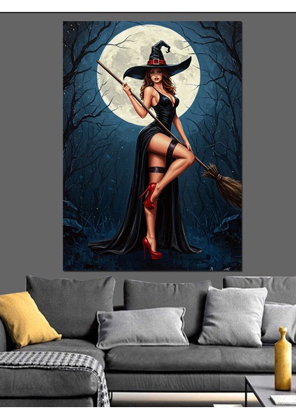 Dolunay Altında Cadı Kadın Dekoratif Kanvas - Mdf Ahşap Tablo fiyatları