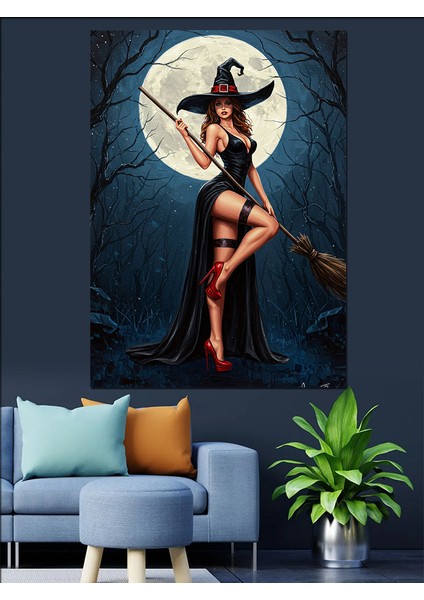 Dolunay Altında Cadı Kadın Dekoratif Kanvas - Mdf Ahşap Tablo indirimleri