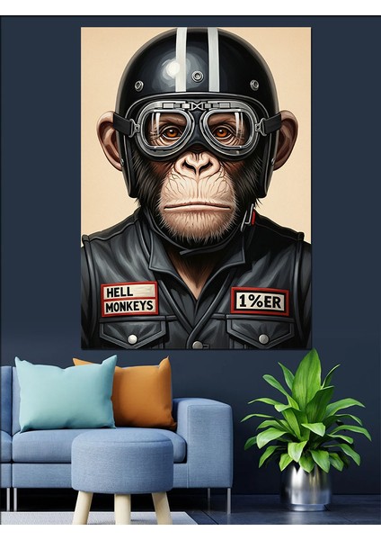 Kasklı Maymun Motosikletçi Retro Dekoratif Kanvas - Mdf Ahşap Tablo