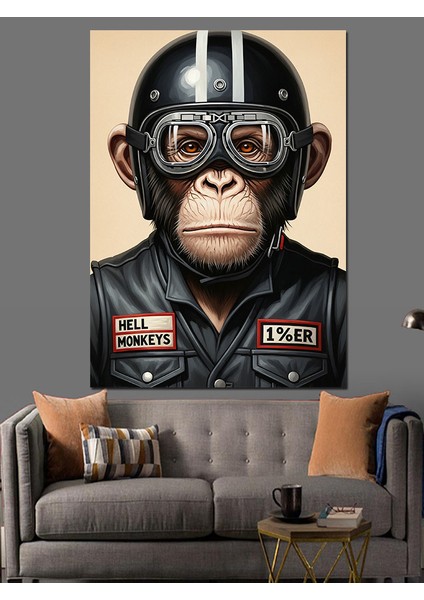Kasklı Maymun Motosikletçi Retro Dekoratif Kanvas - Mdf Ahşap Tablo fiyatları