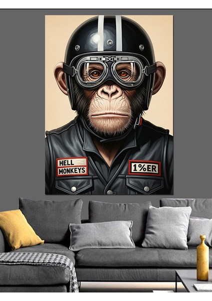 Kasklı Maymun Motosikletçi Retro Dekoratif Kanvas - Mdf Ahşap Tablo modelleri