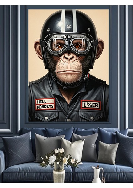 Kasklı Maymun Motosikletçi Retro Dekoratif Kanvas - Mdf Ahşap Tablo fırsatları
