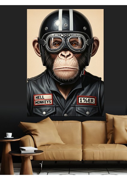 Kasklı Maymun Motosikletçi Retro Dekoratif Kanvas - Mdf Ahşap Tablo indirimleri