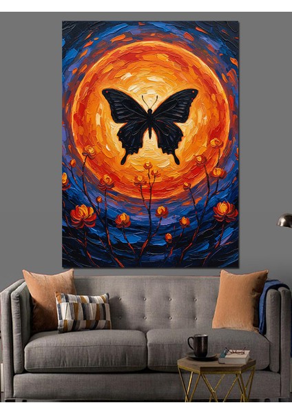 Turuncu Mavi Güneş Kelebek Sanat Dekoratif Kanvas - Mdf Ahşap Tablo
