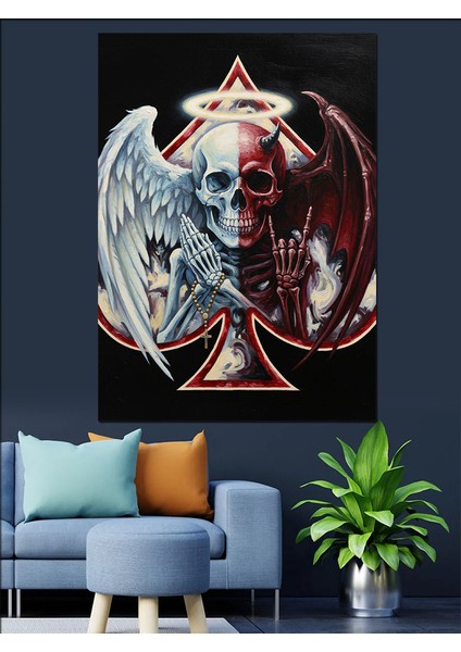 Şeytan Kanatlı Kurukafa Kötü Dekoratif Kanvas - Mdf Ahşap Tablo