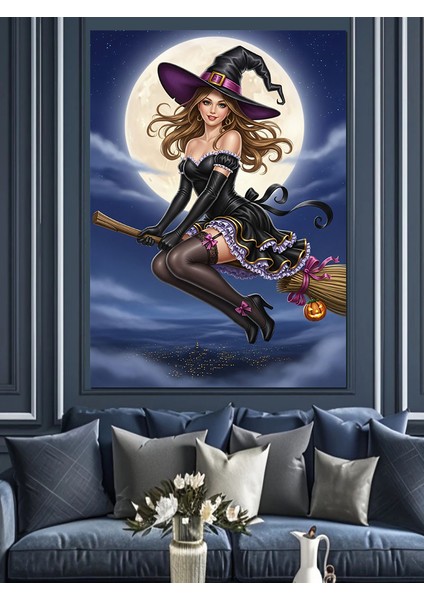 Süpürgeli Cadı Gece Uçuşu Dekoratif Kanvas - Mdf Ahşap Tablo