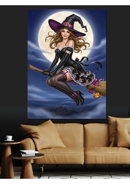 Süpürgeli Cadı Gece Uçuşu Dekoratif Kanvas - Mdf Ahşap Tablo fiyatları