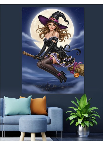 Süpürgeli Cadı Gece Uçuşu Dekoratif Kanvas - Mdf Ahşap Tablo modelleri