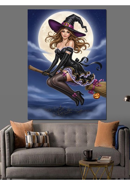 Süpürgeli Cadı Gece Uçuşu Dekoratif Kanvas - Mdf Ahşap Tablo fırsatları