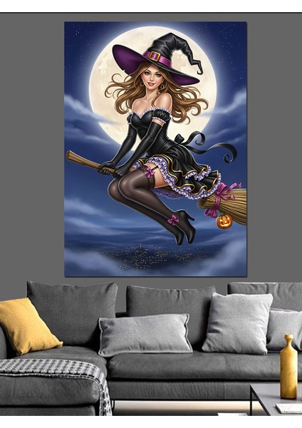 Süpürgeli Cadı Gece Uçuşu Dekoratif Kanvas - Mdf Ahşap Tablo indirimleri