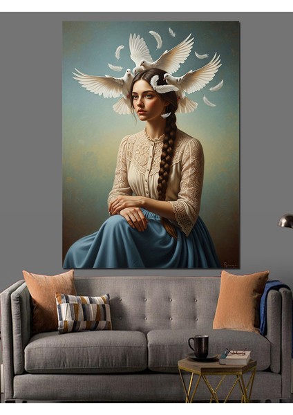 Güvercinler ve Kadın Portre Dekoratif Kanvas - Mdf Ahşap Tablo