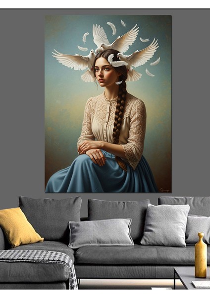 Güvercinler ve Kadın Portre Dekoratif Kanvas - Mdf Ahşap Tablo fiyatları