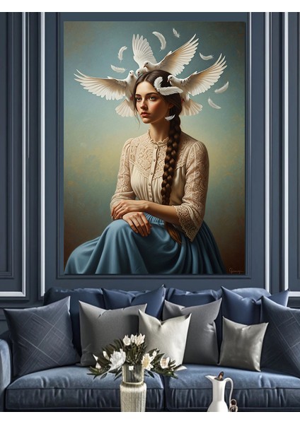 Güvercinler ve Kadın Portre Dekoratif Kanvas - Mdf Ahşap Tablo modelleri