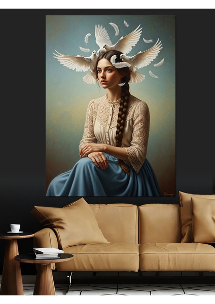 Güvercinler ve Kadın Portre Dekoratif Kanvas - Mdf Ahşap Tablo fırsatları