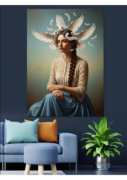 Güvercinler ve Kadın Portre Dekoratif Kanvas - Mdf Ahşap Tablo indirimleri