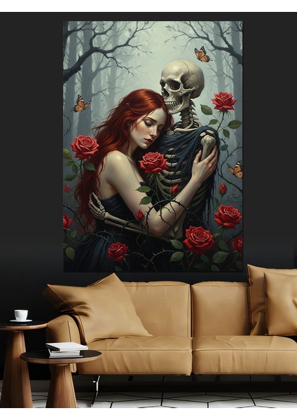 Kafatası Kırmızı Güller Romantik Dekoratif Kanvas - Mdf Ahşap Tablo
