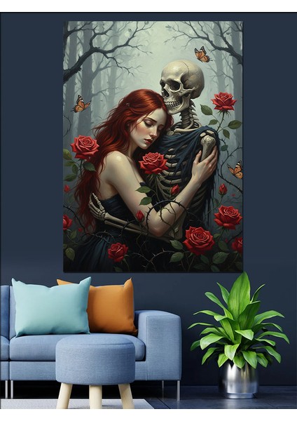 Kafatası Kırmızı Güller Romantik Dekoratif Kanvas - Mdf Ahşap Tablo fiyatları