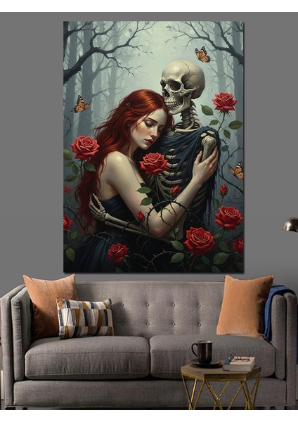 Kafatası Kırmızı Güller Romantik Dekoratif Kanvas - Mdf Ahşap Tablo modelleri