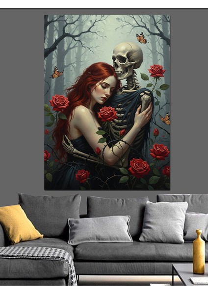 Kafatası Kırmızı Güller Romantik Dekoratif Kanvas - Mdf Ahşap Tablo fırsatları