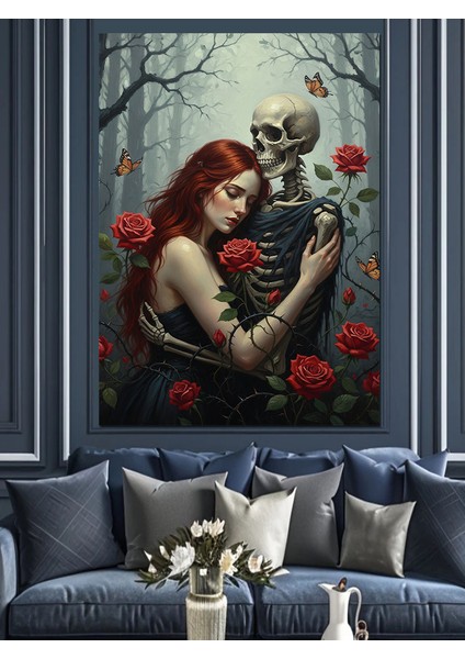 Kafatası Kırmızı Güller Romantik Dekoratif Kanvas - Mdf Ahşap Tablo indirimleri