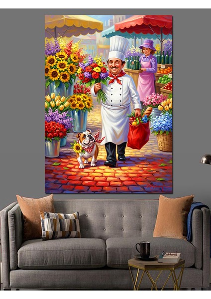 Elinde Çiçek Olan Aşçı Dekoratif Kanvas - Mdf Ahşap Tablo