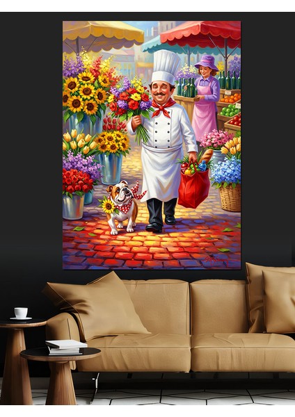 Elinde Çiçek Olan Aşçı Dekoratif Kanvas - Mdf Ahşap Tablo fırsatları