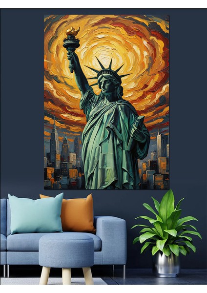 Özgürlük Heykeli Yeşil Renk Dekoratif Kanvas - Mdf Ahşap Tablo