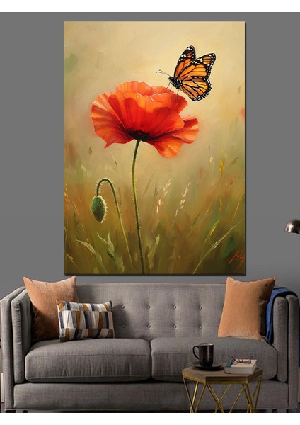 Kırmızı Gelincik Uçan Kelebek Dekoratif Kanvas - Mdf Ahşap Tablo
